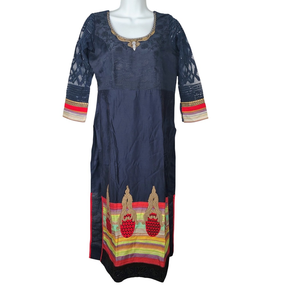 Kaatha Karishma Navy‎ Blue Embroidered Kurti Tunic Lace Sequin Sleeves 18.5 PTP